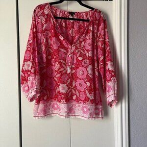 Talbots Floral Blouse Peasant Top 3/4 Sleeve Button Red Pink Large Petite